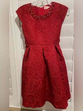 wonder nation Red Embroidered Party Dress with Beaded Collar